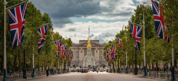 Buckingham Palace and Union Jack flags